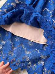 High quality short sleeve elegant blue white pink lace dress with gold buttons and belt below knee length.
