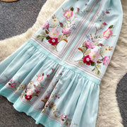 Mint Green Floral Print Sleeveless A-Line Dress Women Summer High Waist Simple Pure Desire Style Commute Suitable City Outfit
