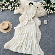 Ribbed Knit Dress Sleeveless Lapel Belt French Ins Chic Spring Summer Celebrity Style Feminine A-line Long Dress