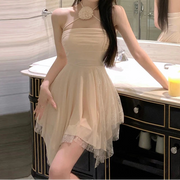 Woman Dress Flower Sleeveless Sexy Halter Irregular Lace Patchwork Ruffles Slash Neck Slim Stretch Backless Party Dresses