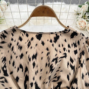 Retro Sweet V Neck Slim Lace -up Print Autumn Summer Elegant Elastic Dress A-line Long Sleeve Vacation Women Mermaid Dresses