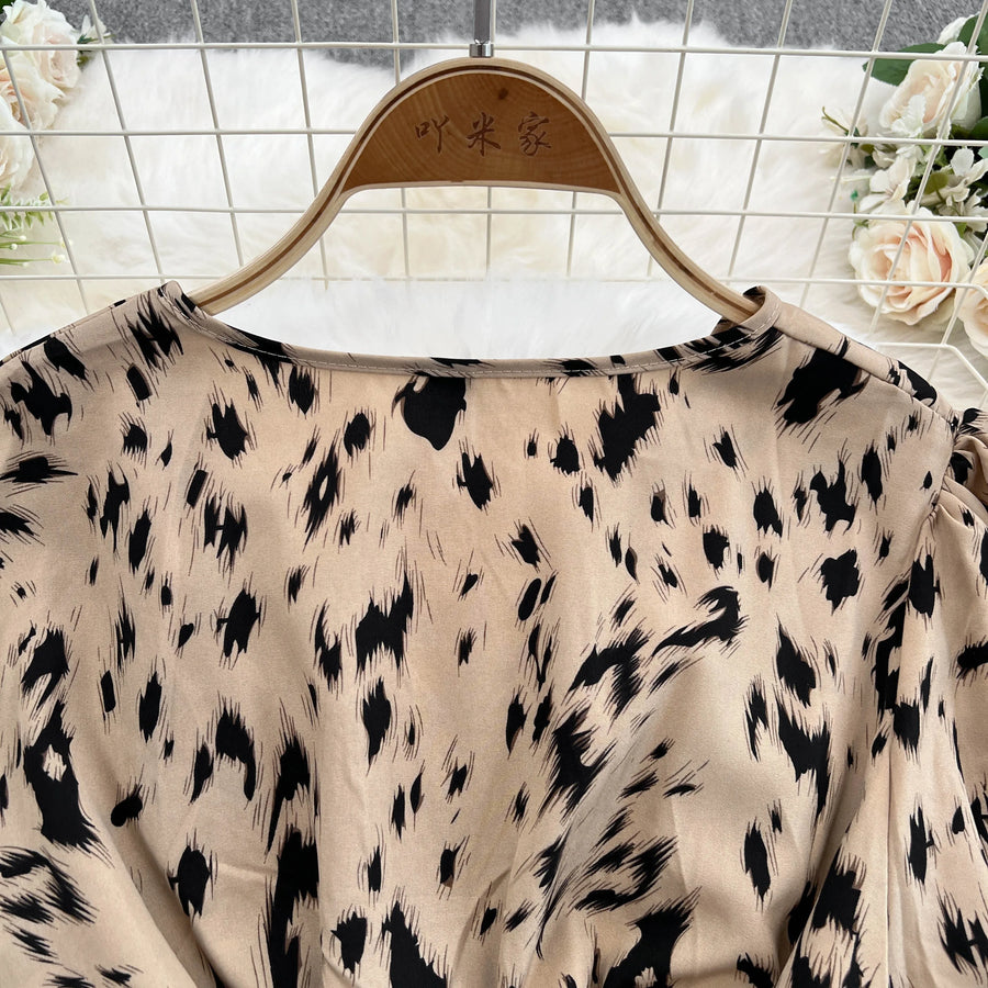 Retro Sweet V Neck Slim Lace -up Print Autumn Summer Elegant Elastic Dress A-line Long Sleeve Vacation Women Mermaid Dresses