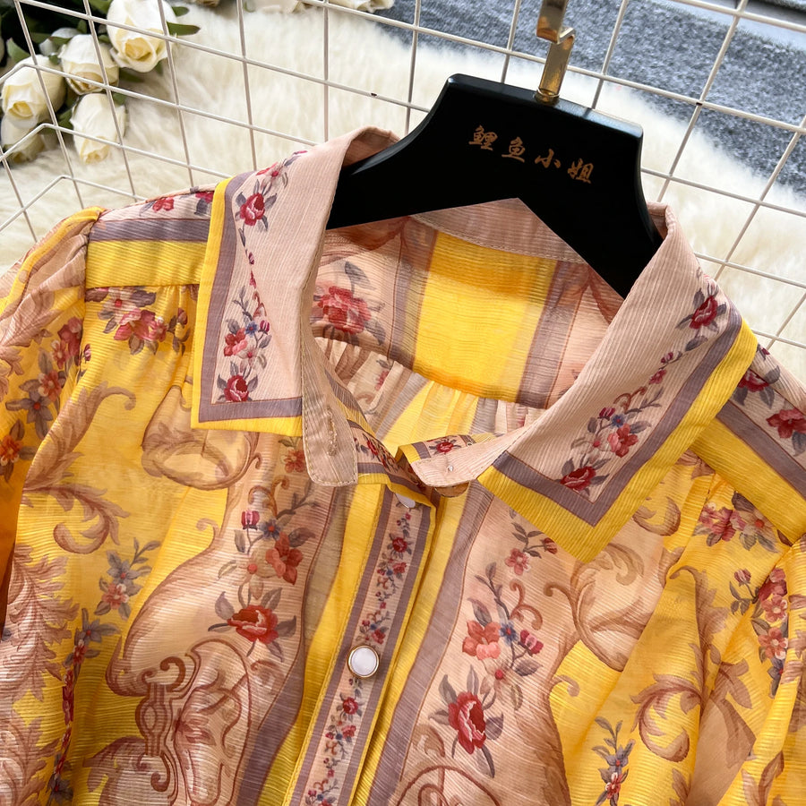 High quality French vintage style elegant button print maxi dress
