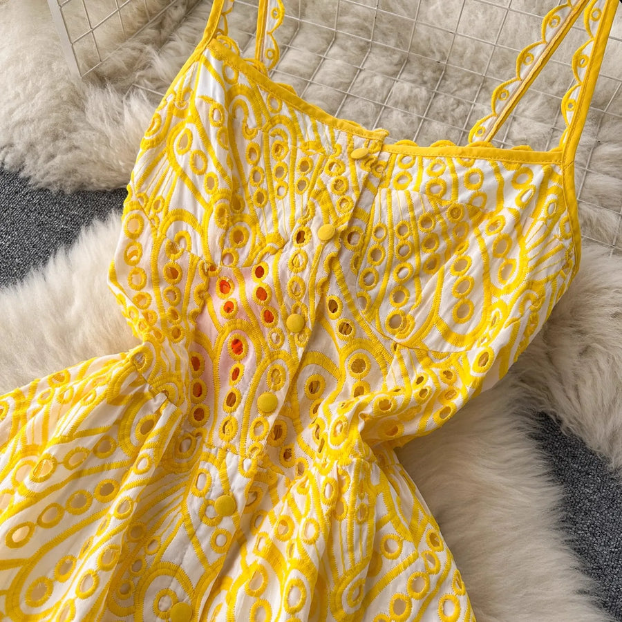 Quality Spaghetti Straps Ruffles Backless Sexy Hollow Out Embroidery Dress