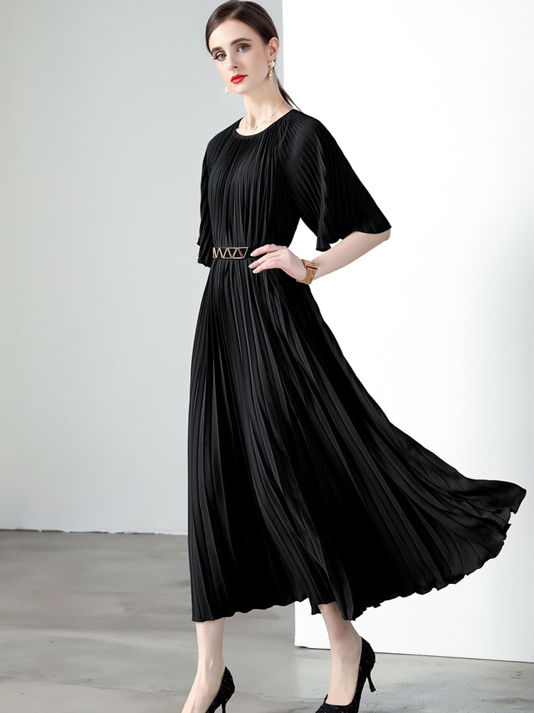 High Quality Printed Round Neck Lace Up Belt Maxi Pleated Long Dress