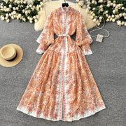 Retro bohemian paisley print dress with long lantern sleeves and high quality belt