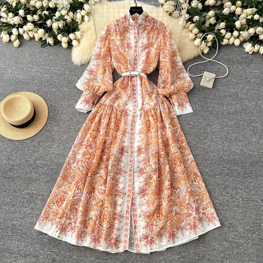 Retro bohemian paisley print dress with long lantern sleeves and high quality belt