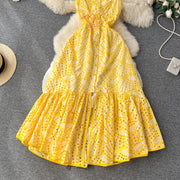 Quality Spaghetti Straps Ruffles Backless Sexy Hollow Out Embroidery Dress