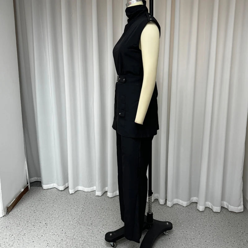 High Neck Cutout Sleeveless Backless Two Piece Set with Wide Legs Belt High Quality