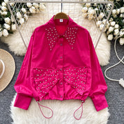 High quality long sleeve turn-down collar lace diamond beaded embroidery blouse