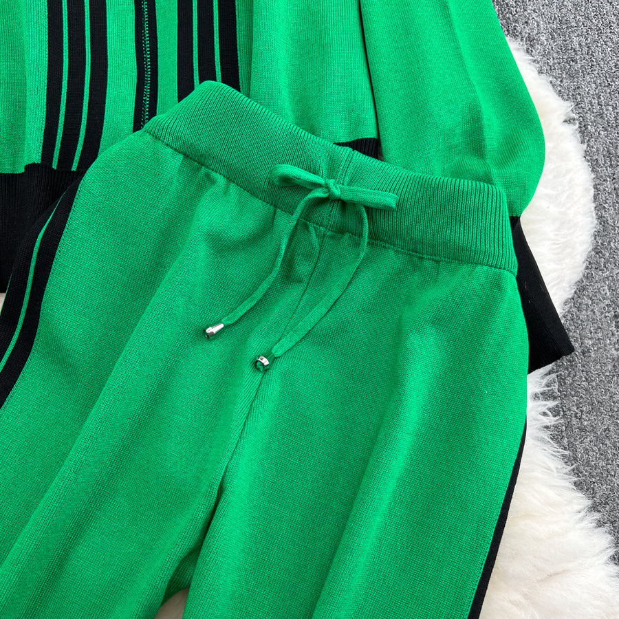 Two Piece Set Stripe Zipper Cardigan + High Quality Harem Pants
