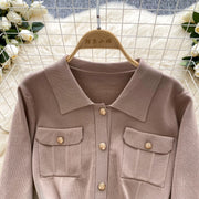 High quality two piece outfits with long sleeves and turn-down collar, buttons and pencil skirt