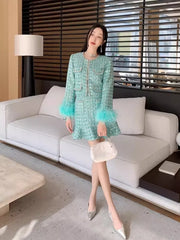 Shiny Diamonds Sequins Elegant Slim Fit Office Ladies Tweed Short Jacket High Waist A-Line Skirts Women Fashion Two Piece Set