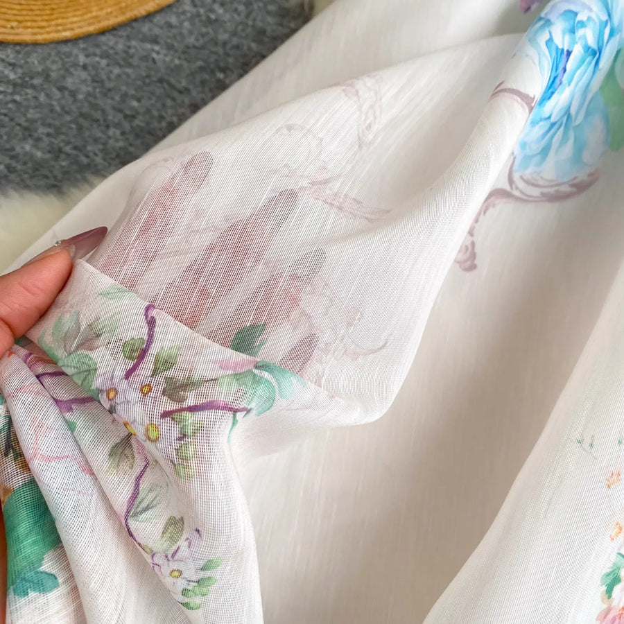 Lace Chiffon Floral Dress Maxi A-line Lantern Sleeve V Neck Spring Women Retro French Fairycore Elegant Vacation Dress