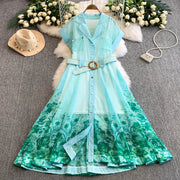 Summer Women Printed Long Dress Beach Vacation Notched Collar Single Breasted Short Sleeve A-Line Maxi Vestidos Female Robe