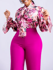 Two Piece Set Printed Blouse, High Waist Pants High Quality