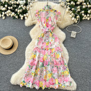 Elegant vintage fitted openwork lace evening dress with high-quality printed buttons
