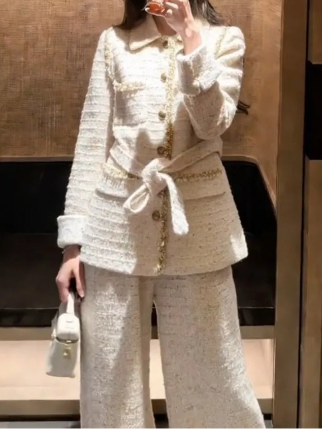 Korean Style Ladies Belt Tweed Single Breasted Long Sleeves Coat Wide Leg Pants Two Piece Set Work Women Straight Long Pant Sets