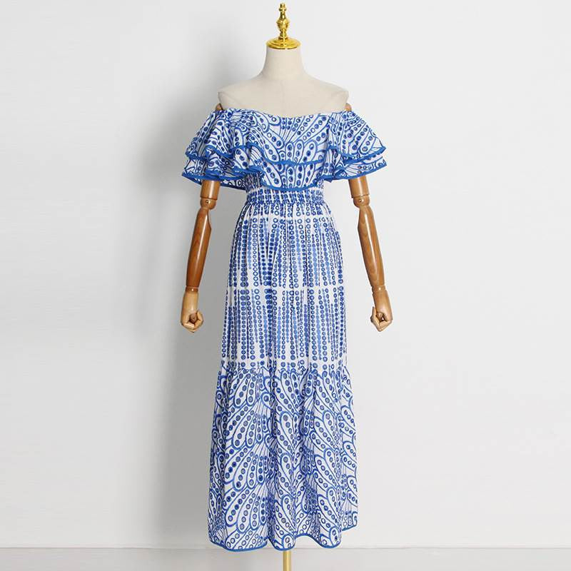 High Quality Double Layer Ruffle Embroidery Off Shoulder Elastic Waist Maxi Dress