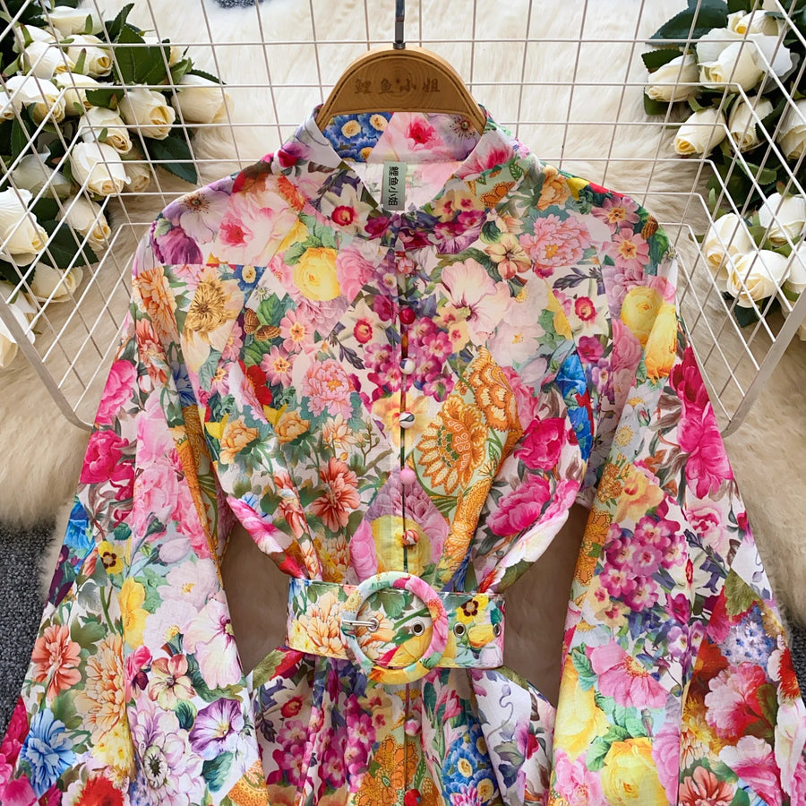 High quality long sleeve French vintage style elegant floral print dress