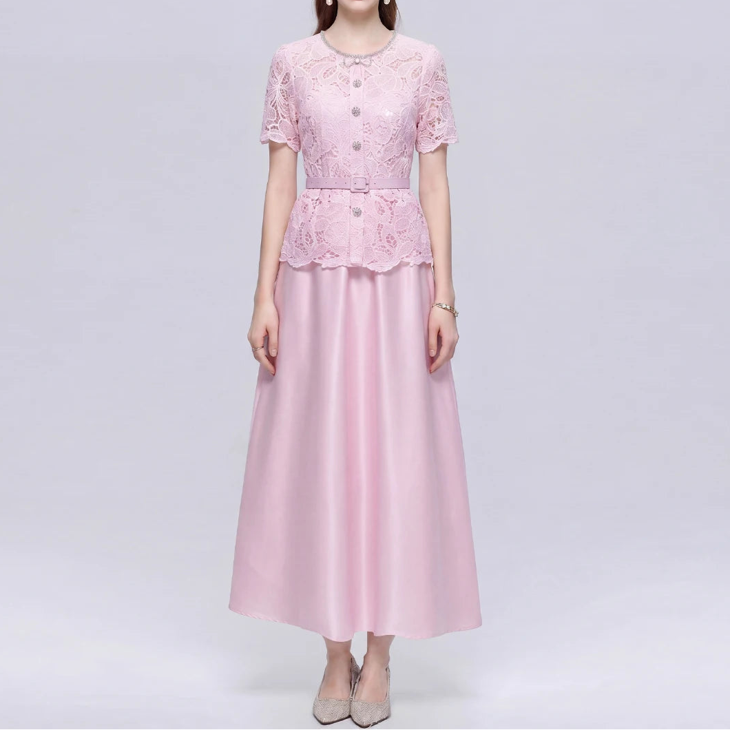 Elegant Beading Diamond Luxury Embroidery Prom Evening Dress Women Summer Short Sleeve Hollow Out Lace Patchwork Belt Long Dress