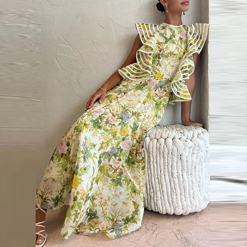 High Quality Round Neck Lace-up Backless Sleeveless Ruffle Pleated Floral Dress