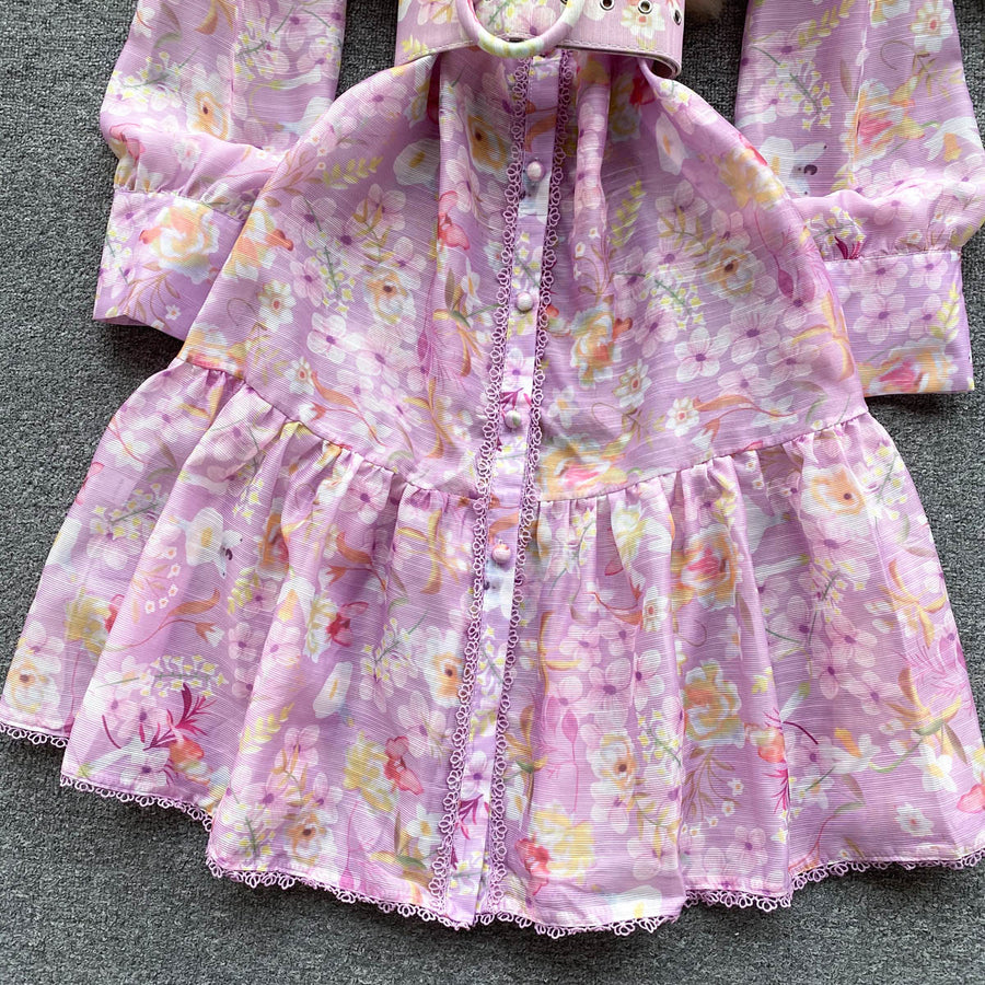 High Quality Belted Lantern Sleeve High Neck Floral Dress