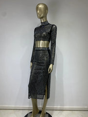 High Quality Shiny Black Mesh Studded High Neck Sexy Midi Bodycon Skirt Set