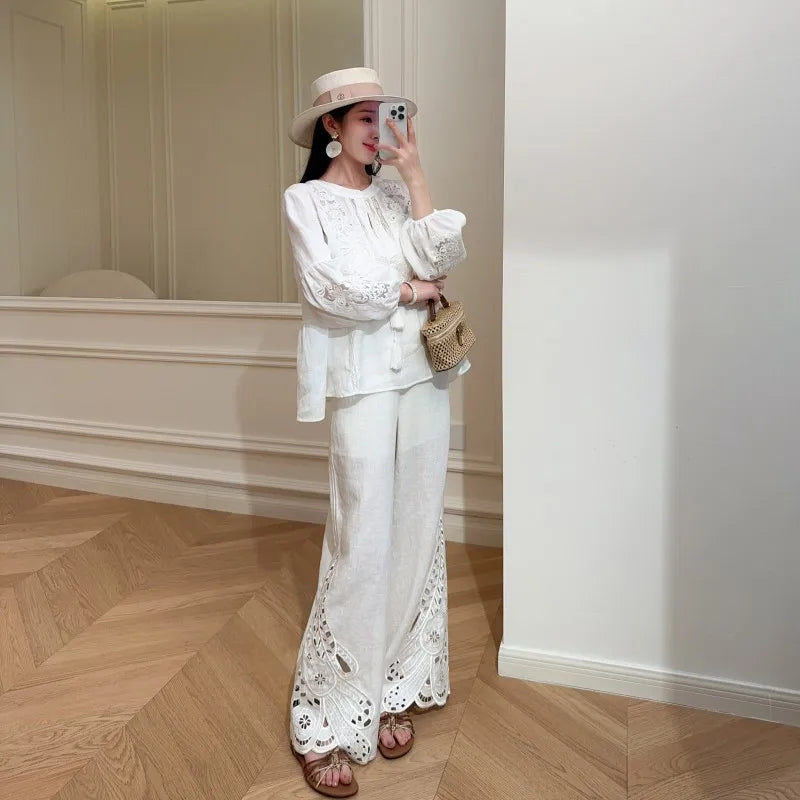Female New High Waist Linen Sets Thin Pant Outfits O-Neck Elegant Sleeveless Tops Hollow-Out Embroidery Women Two-Piece Vest Set