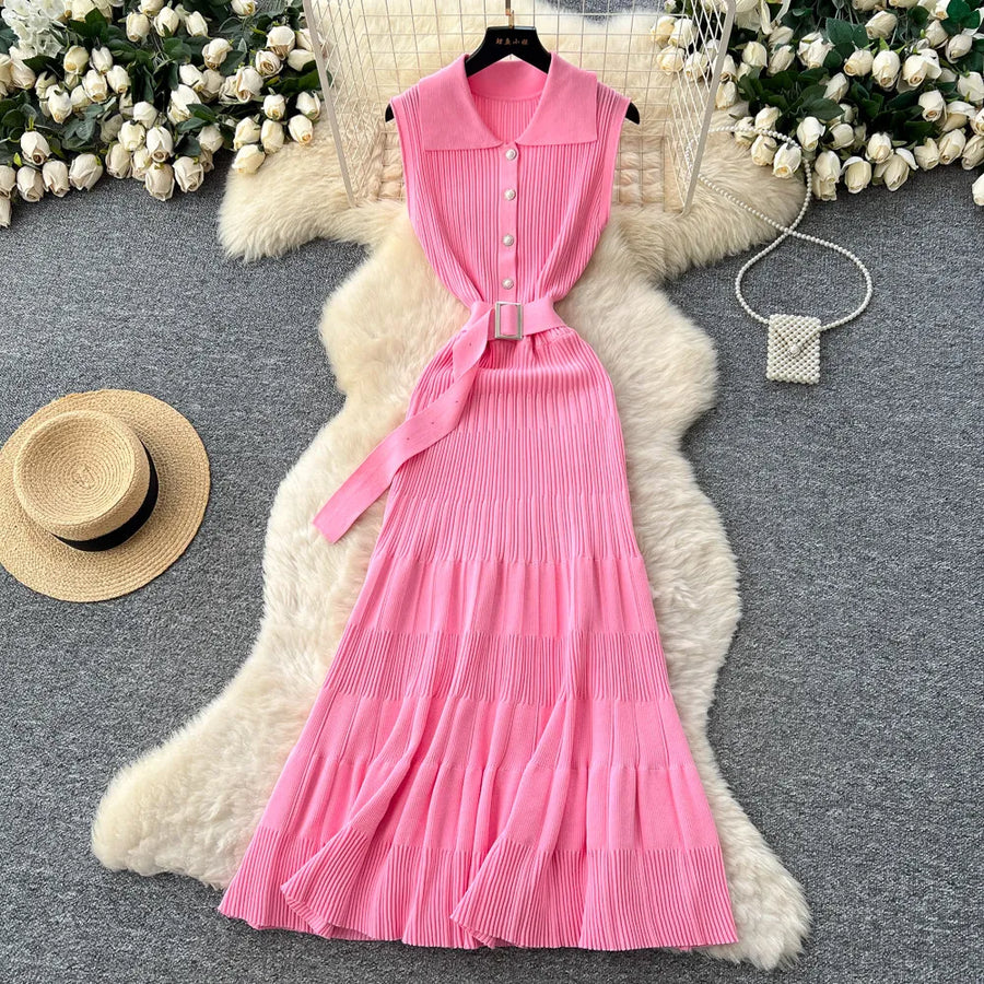 Ribbed Knit Dress Sleeveless Lapel Belt French Ins Chic Spring Summer Celebrity Style Feminine A-line Long Dress