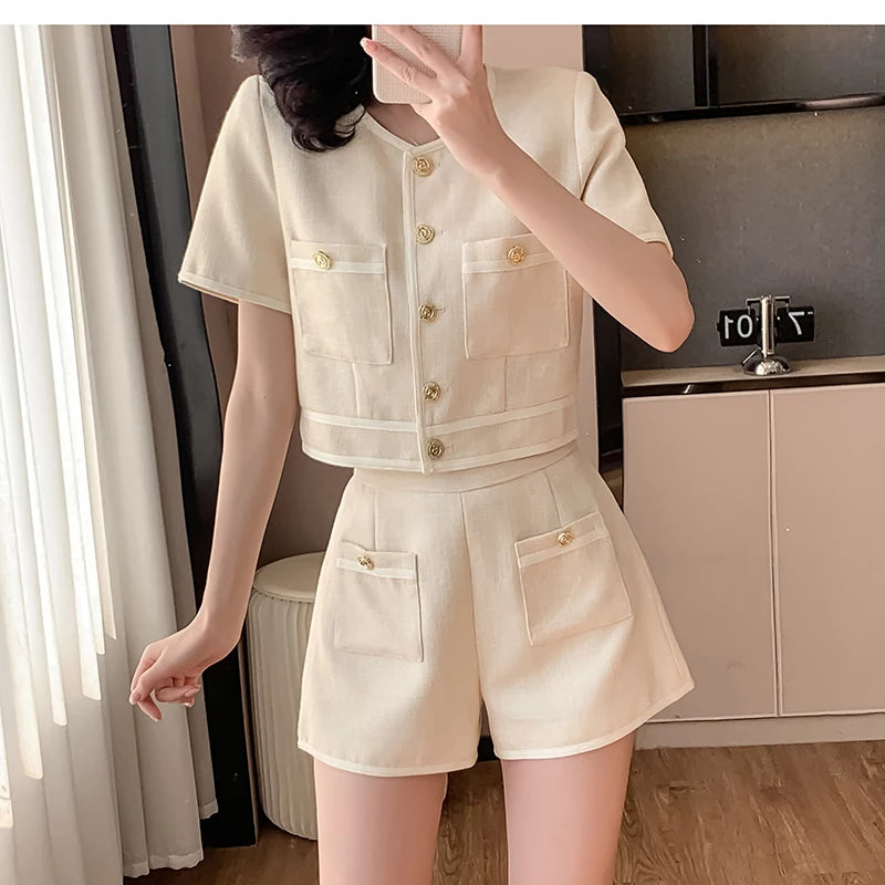 Two 2 Piece Shorts Sets Women Tweed Shorts Suits Office Ladies Single-Breasted Short Sleeve Jacket Coat High Waist Shorts S-XL