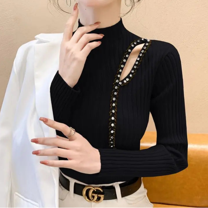 High Quality Stones Turtleneck Long Sleeve Knitted Tops
