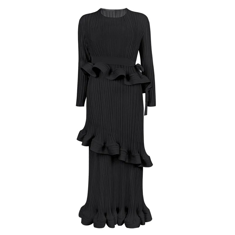 High quality long sleeve dress with ruffles and pleated bow
