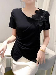 High Quality Pleated Cross Slash Neck Short Sleeve T-shirts