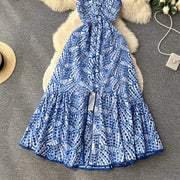 Quality Spaghetti Straps Ruffles Backless Sexy Hollow Out Embroidery Dress