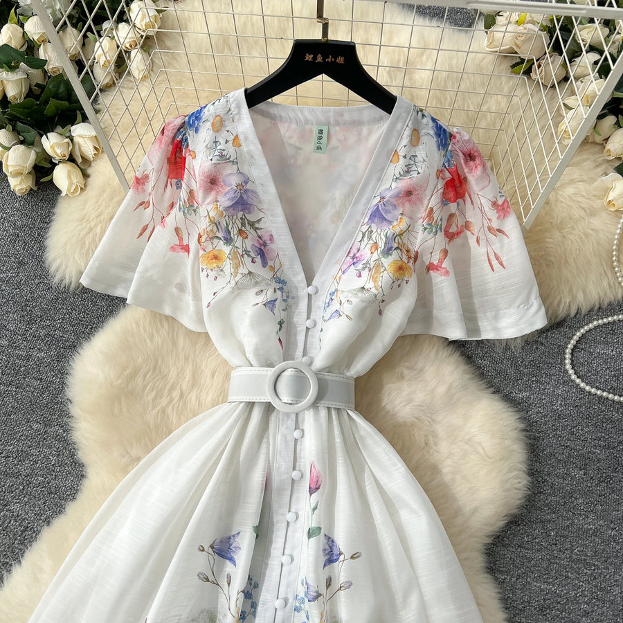 Elegant vintage V-neck button long floral evening dress high quality