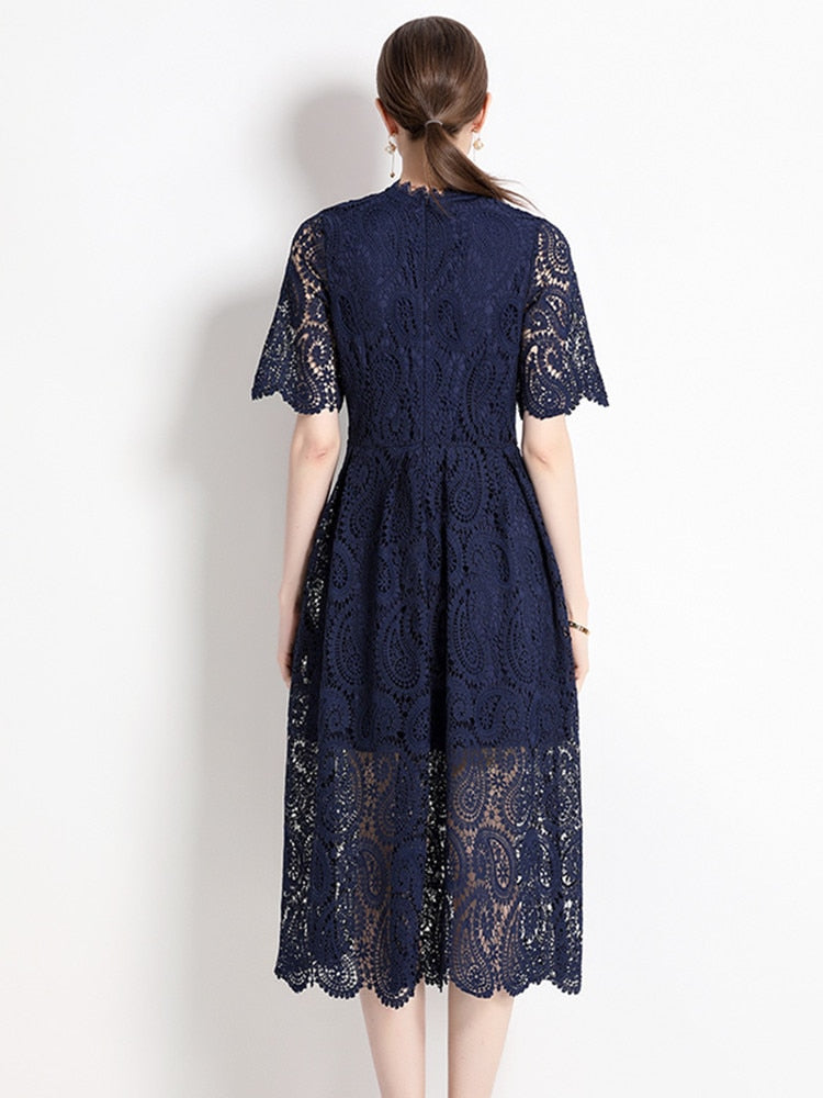 High Quality Hollow Out Short Sleeve Vintage Solid Midi Length Embroidery Lace Elegant Dresses