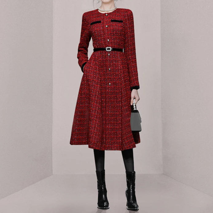 High quality slim fit long sleeve round neck belted tweed luxury dress