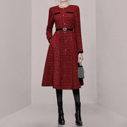 High quality slim fit long sleeve round neck belted tweed luxury dress