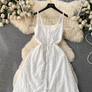 Quality Spaghetti Straps Ruffles Backless Sexy Hollow Out Embroidery Dress