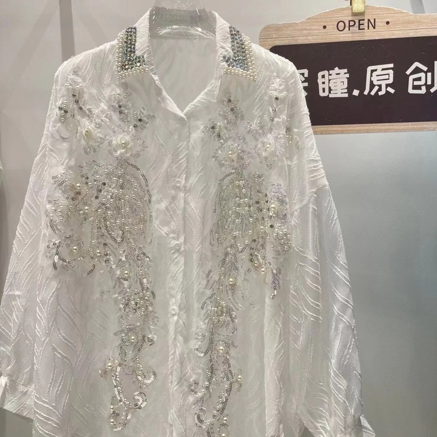 Luxury Diamonds Sequined Embroidery Blouses Shirts Women  Spring New Long Sleeve Shirts Fashion Causal Tops Camisas De Mujer