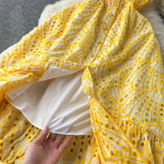 Quality Spaghetti Straps Ruffles Backless Sexy Hollow Out Embroidery Dress