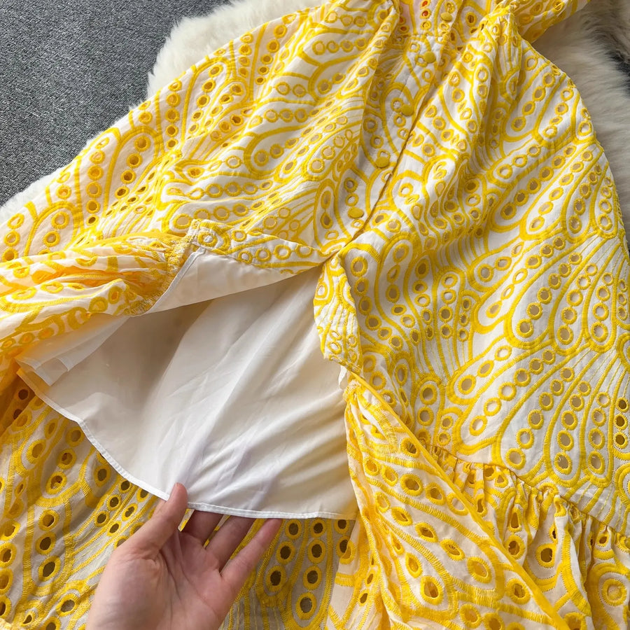 Quality Spaghetti Straps Ruffles Backless Sexy Hollow Out Embroidery Dress