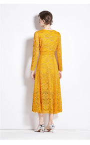 High Quality Pink and Yellow Lace Long Sleeve A-line Elegant Dress