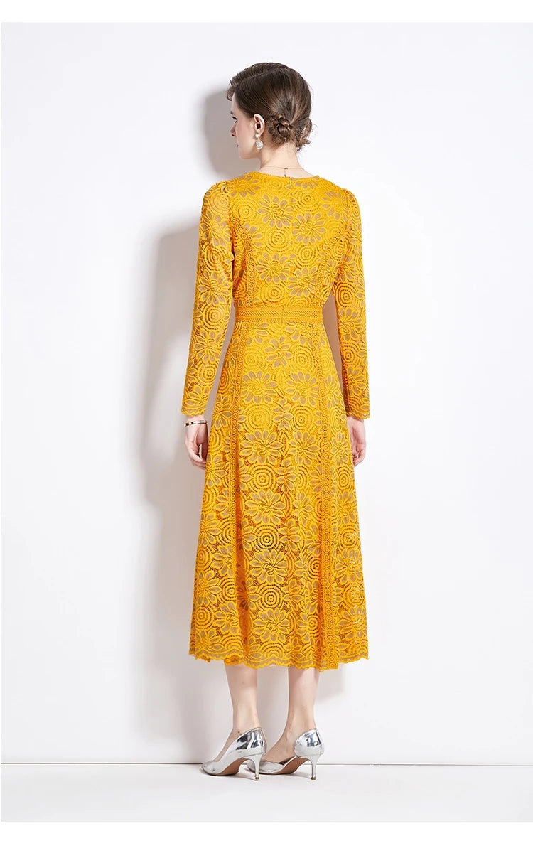 High Quality Pink and Yellow Lace Long Sleeve A-line Elegant Dress