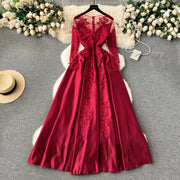 High Quality Vintage Floral Embroidery Mesh Long Sleeve Red Dresses