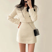 Tweed two piece set single breasted long sleeve crop top + high waist flared mini skirt high quality