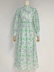 High Quality Flare Sleeve High Waist Ruched Color Printed Dresses