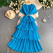 Women Long Dress Cake Dresses A Line Vestidos  Streetwear V Neck Short Sleeve Elegant Party Work Slim Fit Casual Summer