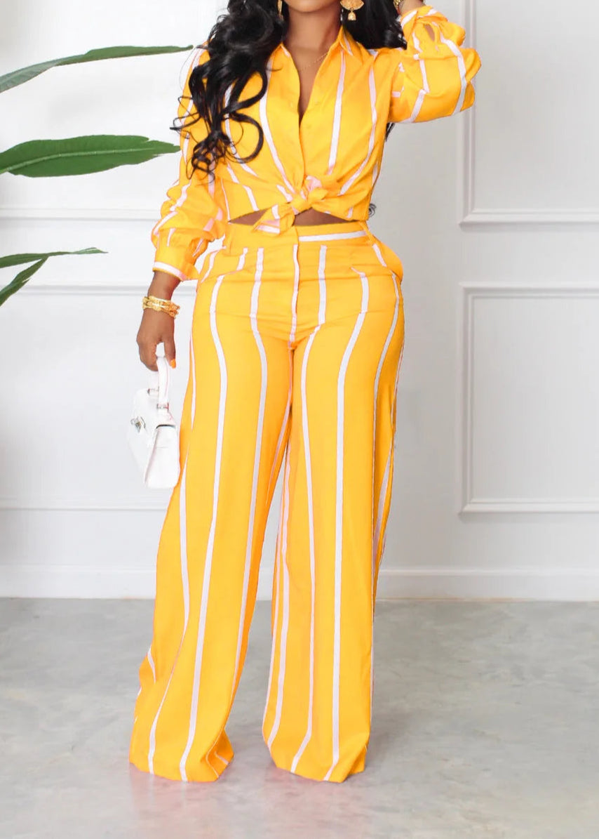High Quality Striped Long Sleeve Button Wide Leg Pants Two Piece Set